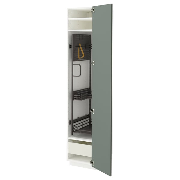 METOD / MAXIMERA high cabinet with cleaning interior, white/Nickebo matt grey-green, 40x60x200 cm