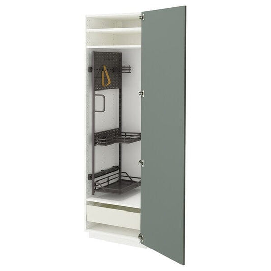 Ikea METOD / MAXIMERA - Tall cabinet with cleaning accessories, white/Nickebo grey-green matt,60x60x200 cm