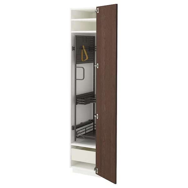 Ikea METOD / MAXIMERA - Tall cabinet with cleaning accessories, white/Sinarp brown,40x60x200 cm