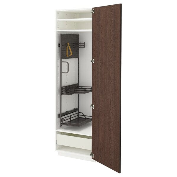 Ikea METOD / MAXIMERA - Tall cabinet with cleaning accessories, white/Sinarp brown,60x60x200 cm