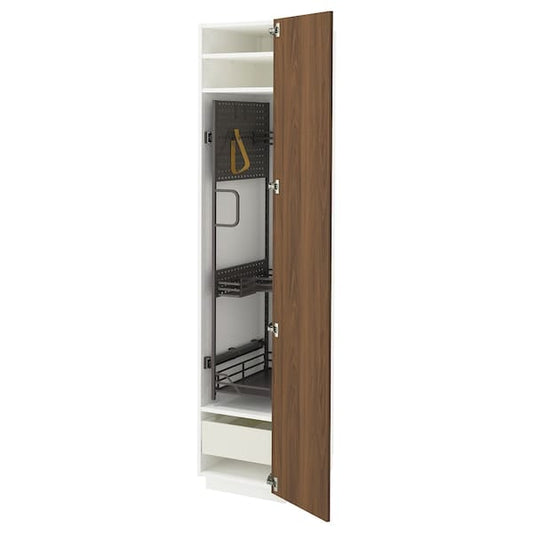 Ikea METOD / MAXIMERA - Tall cabinet with cleaning accessories, white/brown walnut effect,40x60x200 cm