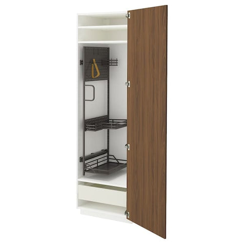 METOD / MAXIMERA - Tall cabinet with cleaning accessories, white/brown walnut effect,60x60x200 cm