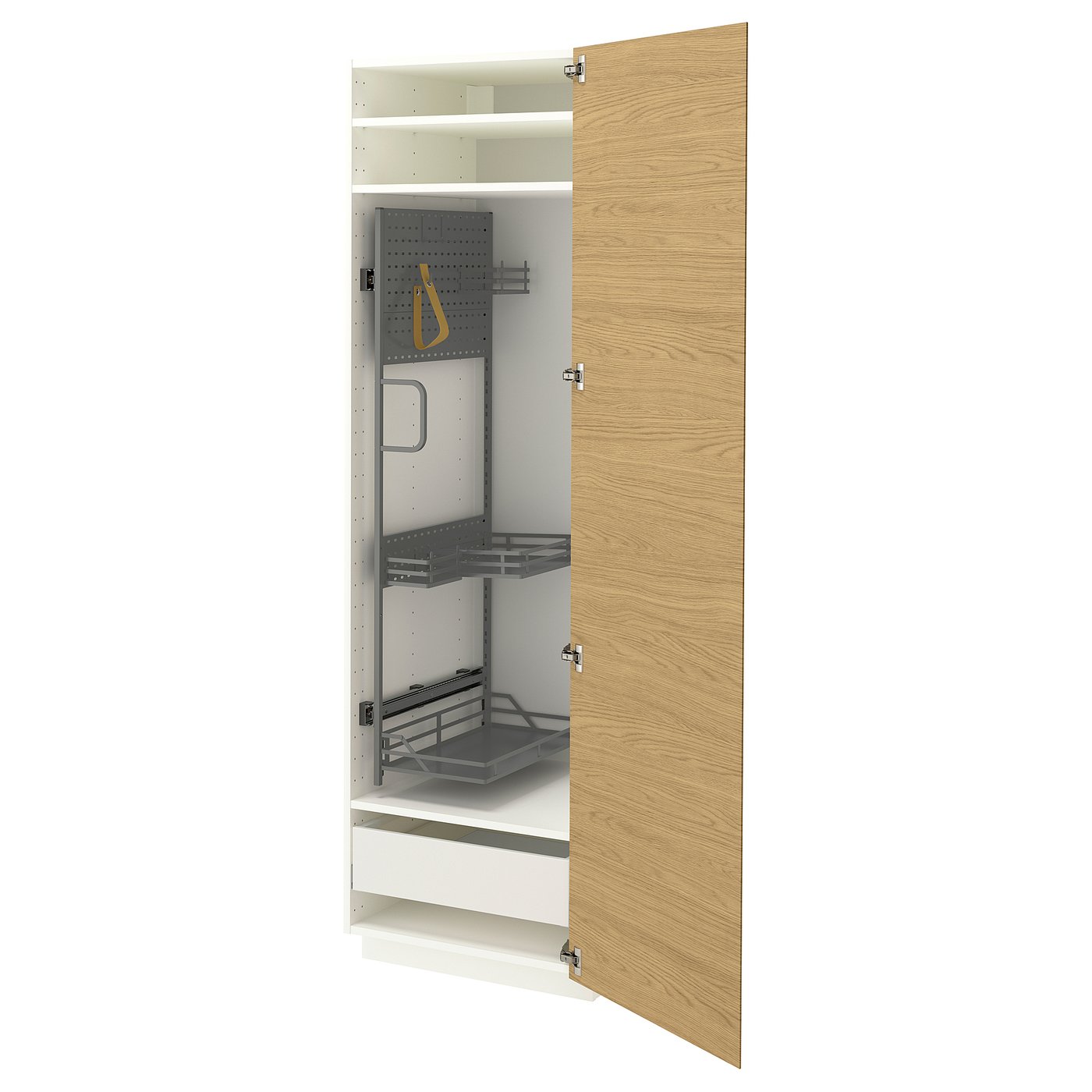 METOD / MAXIMERA high cabinet with cleaning interior, white/VOXTORP oak effect vertical handle, 60x60x200 cm
