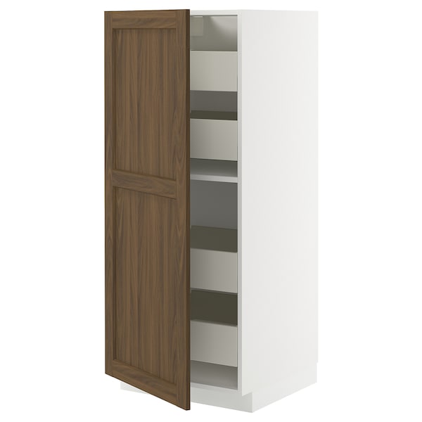 METOD / MAXIMERA - High cabinet with drawers, white Enköping/brown walnut effect, 60x60x140 cm