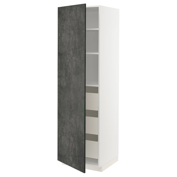 METOD / MAXIMERA high cabinet with drawers, white/Kalhyttan dark grey concrete effect, 60x60x200 cm