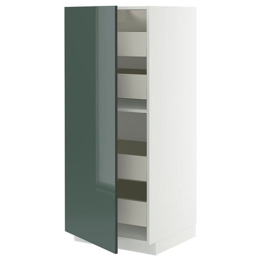 METOD / MAXIMERA high cabinet with drawers, white/Kallarp high-gloss dark grey-green, 60x60x140 cm