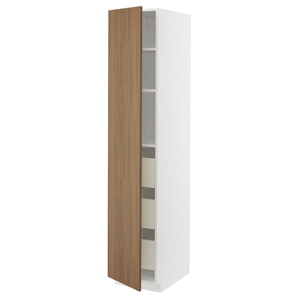 METOD / MAXIMERA high cabinet with drawers, white/Tistorp brown walnut effect, 40x60x200 cm