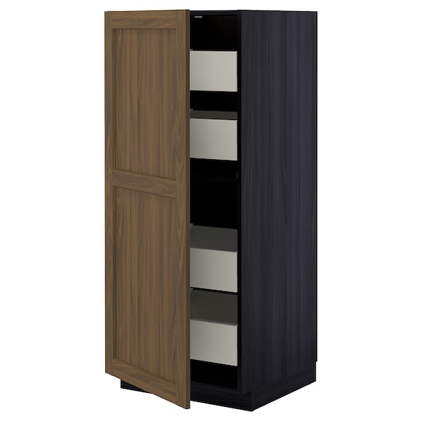 METOD / MAXIMERA - High cabinet with drawers, black Enköping/brown walnut effect, 60x60x140 cm