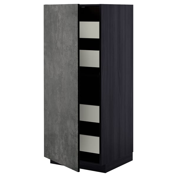 METOD / MAXIMERA high cabinet with drawers, black/Kalhyttan dark grey concrete effect, 60x60x140 cm