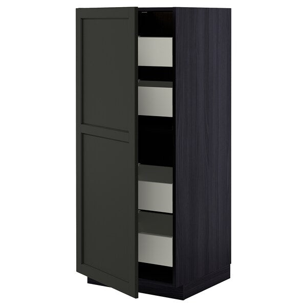 METOD / MAXIMERA - High cabinet with drawers, black/Lerhyttan black stained , 60x60x140 cm