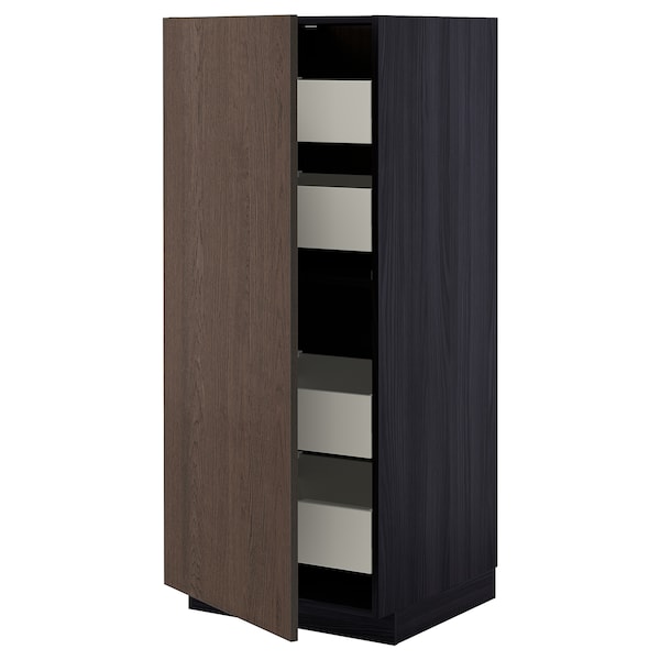 METOD / MAXIMERA - High cabinet with drawers, black/Sinarp brown, 60x60x140 cm