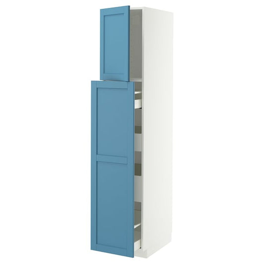 METOD / MAXIMERA tall cabinet/elem estranta/4casset, white/Lerhyttan blue, 40x60x200 cm