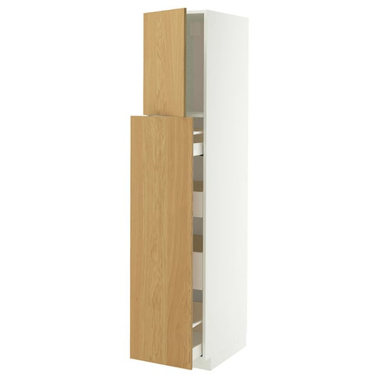 METOD / MAXIMERA tall cabinet/elem estranta/4casset, white/Sinarp oak veneer, 40x60x200 cm