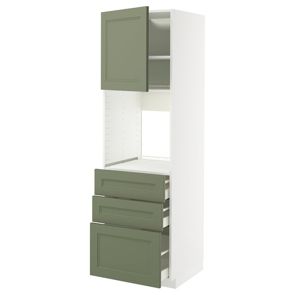 METOD / MAXIMERA high cab f oven w door/3 drawers, white/Axstad grey-green, 60x60x200 cm