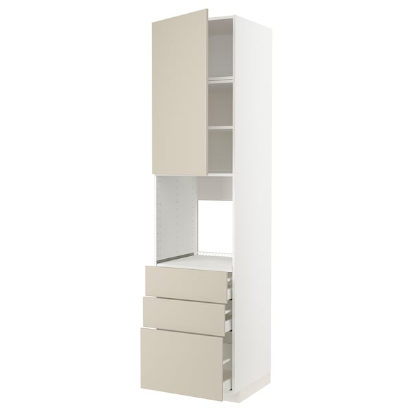 METOD / MAXIMERA - High cab f oven w door/3 drawers, white/Havstorp beige , 60x60x240 cm