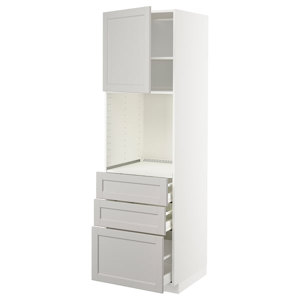 METOD / MAXIMERA high cab f oven w door/3 drawers, white/Lerhyttan light grey, 60x60x200 cm