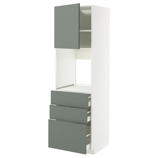 METOD / MAXIMERA high cab f oven w door/3 drawers, white/Nickebo matt grey-green, 60x60x200 cm