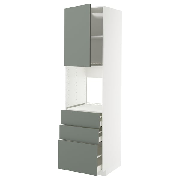 METOD / MAXIMERA high cab f oven w door/3 drawers, white/Nickebo matt grey-green, 60x60x220 cm