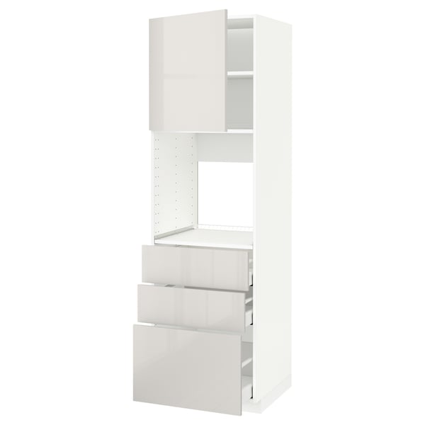 METOD / MAXIMERA high cab f oven w door/3 drawers, white/Ringhult light grey, 60x60x200 cm