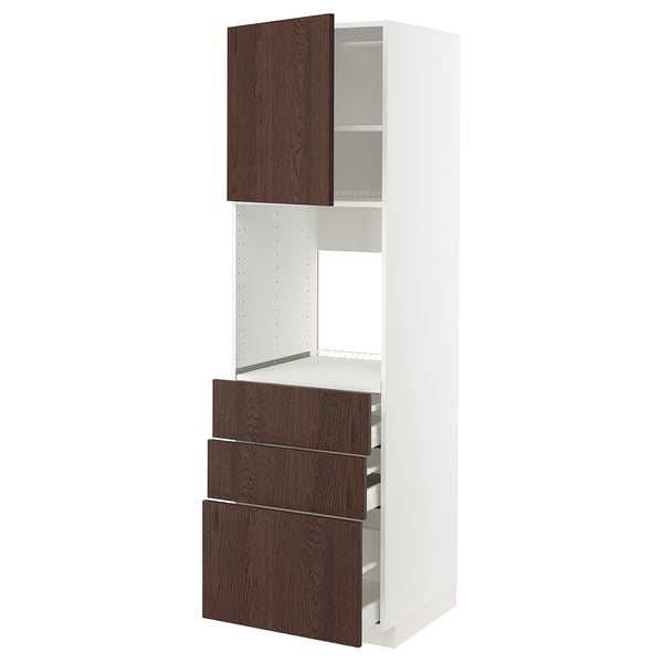 METOD / MAXIMERA high cab f oven w door/3 drawers, white/Sinarp brown, 60x60x200 cm