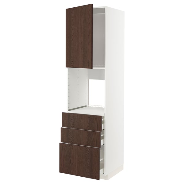 METOD / MAXIMERA - METOD / MAXIMERA High cab f oven w door/3 drawers, white/Sinarp brown, 60x60x220 cm