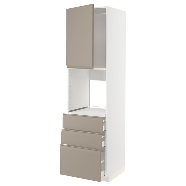 METOD / MAXIMERA high cab f oven w door/3 drawers, white/Upplöv matt dark beige, 60x60x220 cm