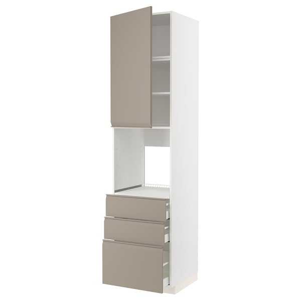 METOD / MAXIMERA high cab f oven w door/3 drawers, white/Upplöv matt dark beige, 60x60x240 cm
