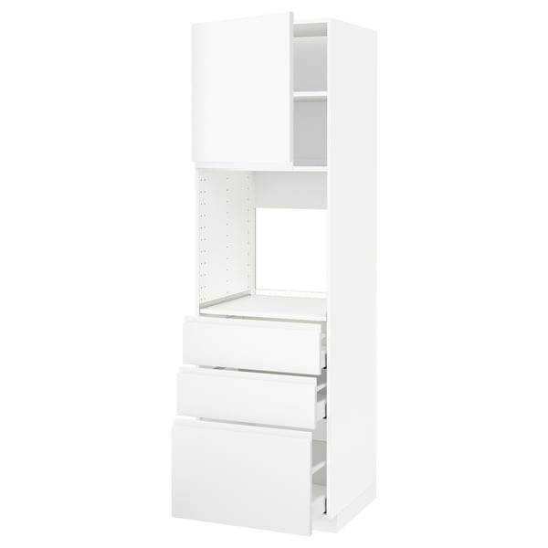 METOD / MAXIMERA high cab f oven w door/3 drawers, white/Voxtorp matt white, 60x60x200 cm