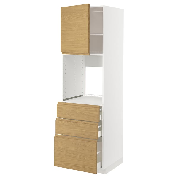 METOD / MAXIMERA high cab f oven w door/3 drawers, white/Voxtorp oak effect, 60x60x200 cm