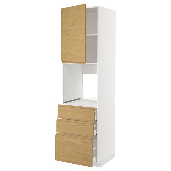 METOD / MAXIMERA high cab f oven w door/3 drawers, white/Voxtorp oak effect, 60x60x220 cm