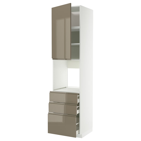 METOD / MAXIMERA high cab f oven w door/3 drawers, white/Voxtorp high-gloss dark grey-brown, 60x60x240 cm
