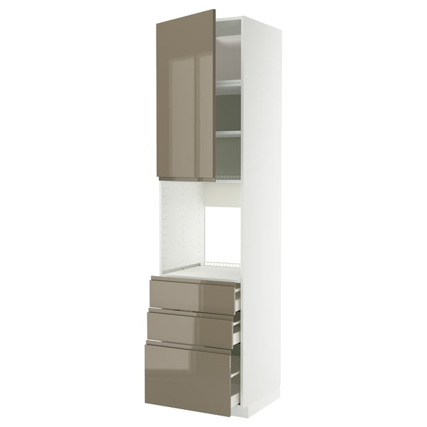 METOD / MAXIMERA high cab f oven w door/3 drawers, white/Voxtorp high-gloss dark grey-brown, 60x60x240 cm