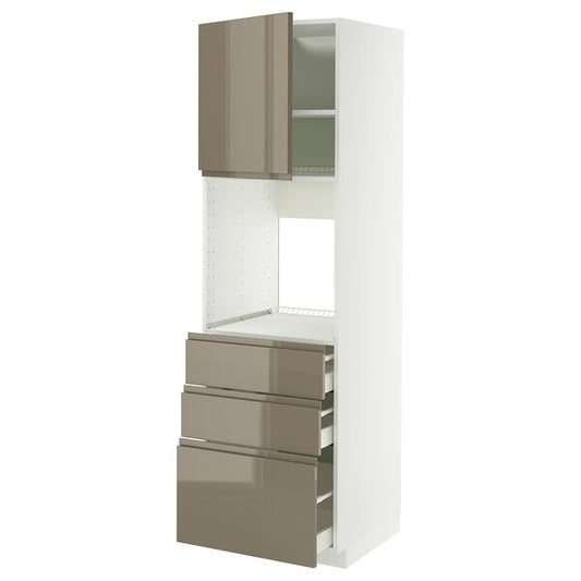 METOD / MAXIMERA - High cab f oven w door/3 drawers, white/Voxtorp high-gloss dark grey-brown, 60x60x200 cm
