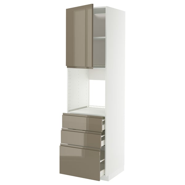 METOD / MAXIMERA high cab f oven w door/3 drawers, white/Voxtorp high-gloss dark grey-brown, 60x60x220 cm