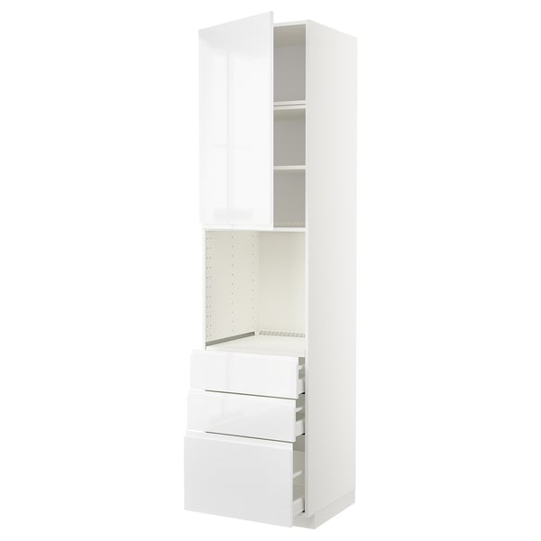 METOD / MAXIMERA high cab f oven w door/3 drawers, white/Voxtorp high-gloss/white, 60x60x240 cm