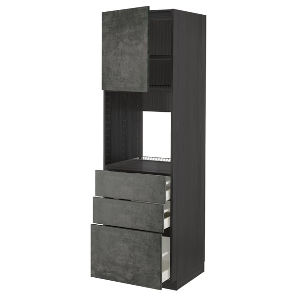 METOD / MAXIMERA high cab f oven w door/3 drawers, black/Kalhyttan dark grey concrete effect, 60x60x200 cm