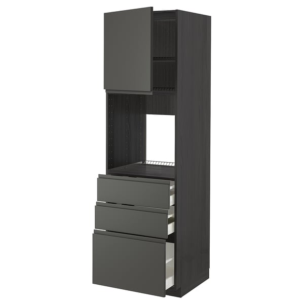METOD / MAXIMERA high cab f oven w door/3 drawers, black/Voxtorp dark grey, 60x60x200 cm