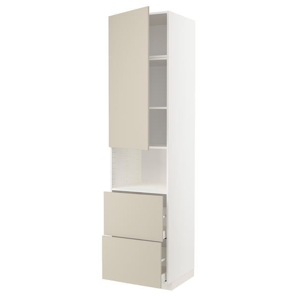 METOD / MAXIMERA hi cab f micro w door/2 drawers, white/Havstorp beige, 60x60x240 cm
