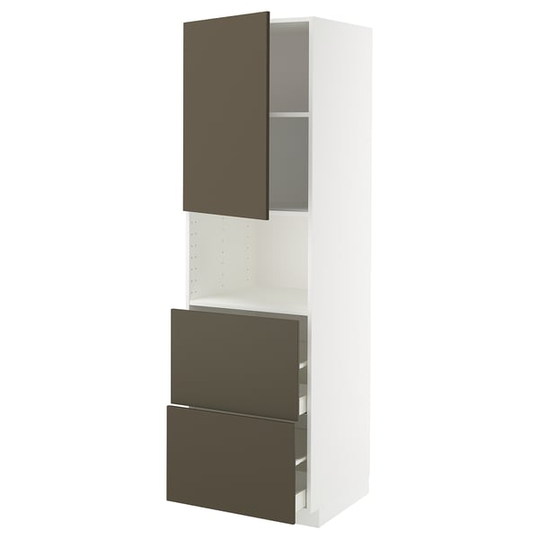 METOD / MAXIMERA hi cab f micro w door/2 drawers, white/Havstorp brown-beige, 60x60x200 cm