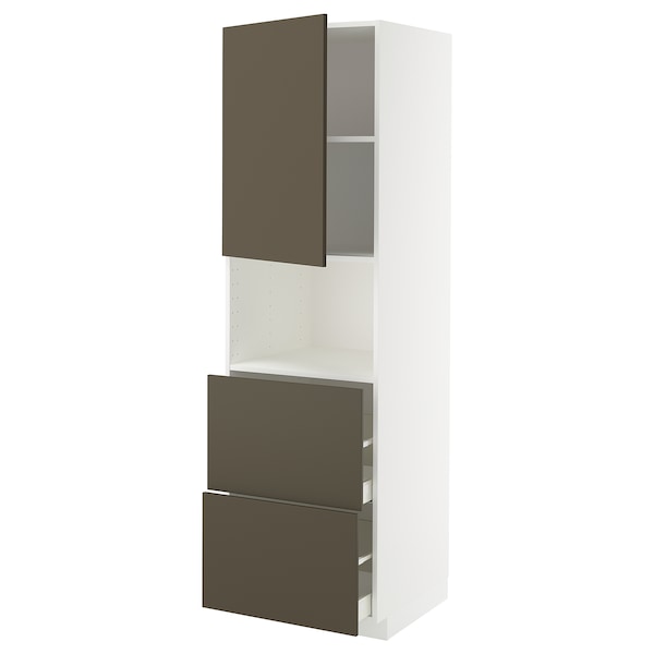 METOD / MAXIMERA - Hi cab f micro w door/2 drawers, white/Havstorp brown-beige, 60x60x200 cm