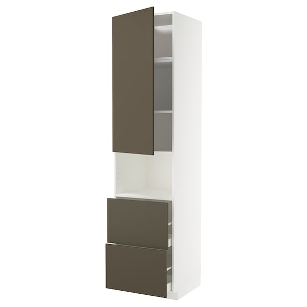 METOD / MAXIMERA - Hi cab f micro w door/2 drawers, white/Havstorp brown-beige, 60x60x240 cm