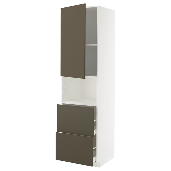 METOD / MAXIMERA hi cab f micro w door/2 drawers, white/Havstorp brown-beige, 60x60x220 cm