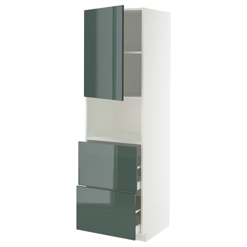 METOD / MAXIMERA hi cab f micro w door/2 drawers, white/Kallarp high-gloss dark grey-green, 60x60x200 cm