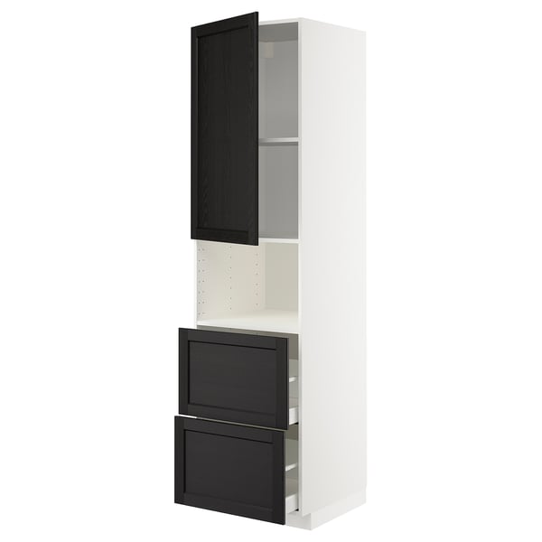 METOD / MAXIMERA hi cab f micro w door/2 drawers, white/Lerhyttan black stained, 60x60x220 cm