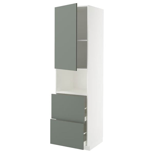 METOD / MAXIMERA hi cab f micro w door/2 drawers, white/Nickebo matt grey-green, 60x60x220 cm