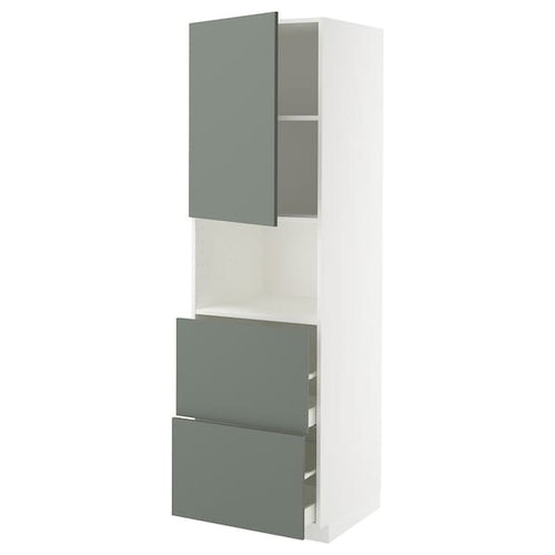 METOD / MAXIMERA hi cab f micro w door/2 drawers, white/Nickebo matt grey-green, 60x60x200 cm