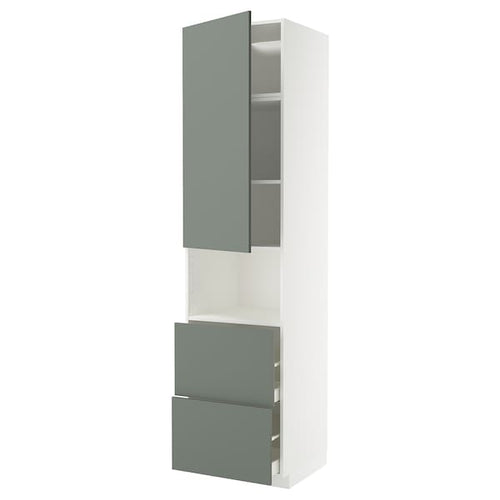 METOD / MAXIMERA hi cab f micro w door/2 drawers, white/Nickebo matt grey-green, 60x60x240 cm