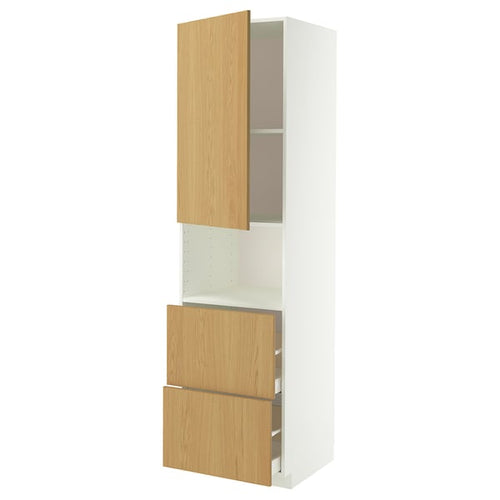 METOD / MAXIMERA hi cab f micro w door/2 drawers, white/Sinarp oak veneer, 60x60x220 cm