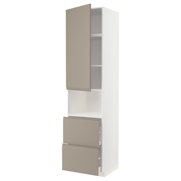 METOD / MAXIMERA hi cab f micro w door/2 drawers, white/Upplöv matt dark beige, 60x60x240 cm