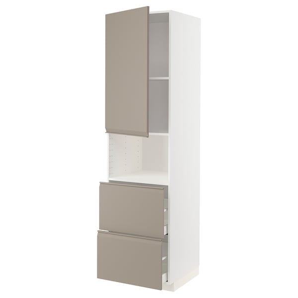 METOD / MAXIMERA hi cab f micro w door/2 drawers, white/Upplöv matt dark beige, 60x60x220 cm